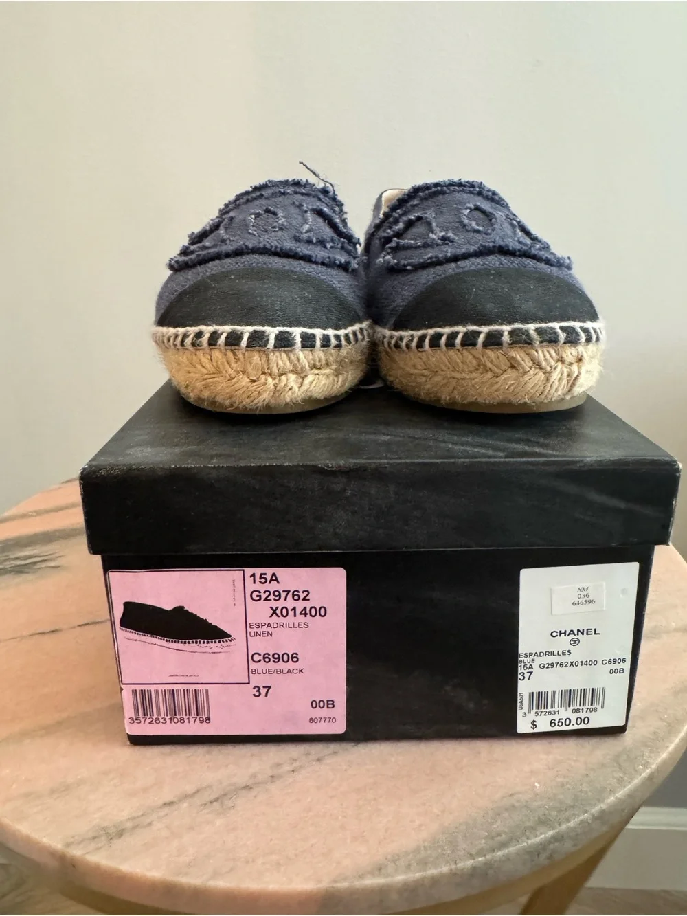 CHANEL Blue Canvas Espadrille Slip-Ons with Black Toe Caps
